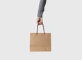 Hand holding blank brown paper bag for mockup template advertising and branding on gray background Royalty Free Stock Photo