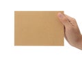 Hand holding blank cardboard paper isolated on white background with clipping path, Greeting card mockup. Royalty Free Stock Photo