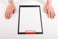 Hand holding blank clip board with white paper design mockup Royalty Free Stock Photo