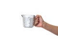 Hand holding blank Measuring cup isolated on a white background. Object with clipping path. Royalty Free Stock Photo