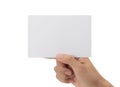 Hand holding blank paper isolated on white background with clipping path, Greeting card mockup. Royalty Free Stock Photo