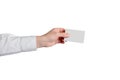 Hand holding blank plastic card isolated on white background, ideal for banking, access control, identification, loyalty, and Royalty Free Stock Photo