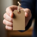 Hand holding a blank rectangular kraft paper tag with rounded corners Royalty Free Stock Photo