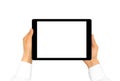 Hand holding blank tablet mock up isolated. New portable pc scre