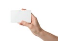 Hand holding a blank white card or small box against a white background Royalty Free Stock Photo