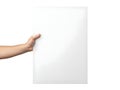 Hand holding blank white paper against clean white background for various uses Royalty Free Stock Photo
