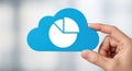 Hand holding a blue cloud icon with a pie chart inside symbolizing data analysis and cloud computing services Royalty Free Stock Photo