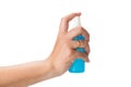 Hand holding blue color spay bottle