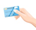 Hand holding blue credit card for online payment and shopping flat style illustration isolated on white background Royalty Free Stock Photo