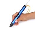 Hand holding blue 3D drawing pen printer on white background Royalty Free Stock Photo