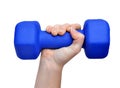 Hand holding blue fitness dumbbell