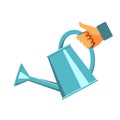 Hand holding blue metallic watering can. Vector illustration isolated on a white background