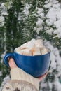 A hand holding blue mug cup with hot coffee, cocoa, chocolate with marshmallows winter outside