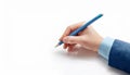 Hand Writing with Blue Pencil on White Background Office Supplies Business Education Royalty Free Stock Photo