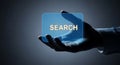 Hand Holding Blue Search Button Digital Technology Royalty Free Stock Photo