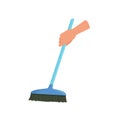 Hand holding blue sweeping broom, human hand with tool for cleaning, housework concept vector Illustration i on a white Royalty Free Stock Photo