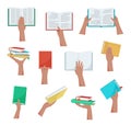 Hand holding book. Colorful set of hands with books. Vector Royalty Free Stock Photo