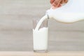 Hand holding bottle of fresh milk pouring into drinking glass