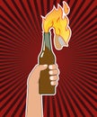 Hand holding a bottle with molotov cocktail. Vector illustration. Isolated.