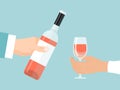 Hand holding bottle and pouring wine in glass vector illustration. Pouring out red wine from a bottle in wineglasses Royalty Free Stock Photo