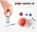 Hand holding bottle with vaccine destroying virus molecule. Covid-19 virus vaccination with syringe injection tool for covid19