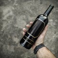 Hand holding a botttle of wine with space for your decoration. Grey grunge wall background. Space for advertising prod Royalty Free Stock Photo