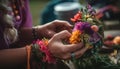 Hand holding bouquet, celebrating nature beauty together generated by AI