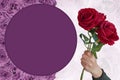 hand holding a bouquet of roses on purple circle on purple roses flower background, nature, love, valentine, fashion, gift, copy