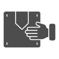 Hand holding box solid icon. Cargo in hands vector illustration isolated on white. Delivery glyph style design, designed Royalty Free Stock Photo