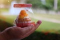 Hand holding bread Foi Thong Cake Fios de ovos put in plastic bags, home-made sweets,