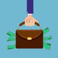 Hand holding briefcase full of money. flat style Royalty Free Stock Photo