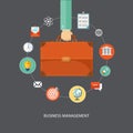 Hand holding briefcase with icons. Business management flat illustration Royalty Free Stock Photo