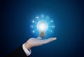 Hand holding bright light bulb with energy resources icon, on blue background. Energy concept Royalty Free Stock Photo