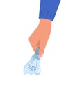 Hand holding broken bulb. Hand throws broken bulb into trash can. Glass waste. Trash sorting, recycling. Vector illustration