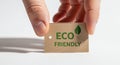 Hand holding a brown cardboard tag with the words ECO FRIENDLY and a green leaf icon Royalty Free Stock Photo