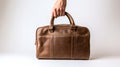hand holding brown luggage bag with white background generative AI Royalty Free Stock Photo