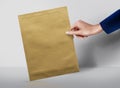 Hand holding brown pack document for Mock up design