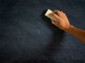 Hand holding brush eraser and blackboard. Royalty Free Stock Photo