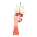 Hand holding bubble tea cup with tapioca pearls. Boba tea.Taiwanese drink. Summer cold drink. Hand drawn vector