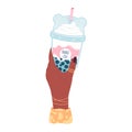 Hand holding bubble tea cup with tapioca pearls. Boba tea.Taiwanese drink. Summer cold drink. Hand drawn vector