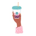 Hand holding bubble tea cup with tapioca pearls. Boba tea.Taiwanese drink. Summer cold drink. Hand drawn vector