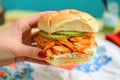 hand holding a buffalo chicken sandwich with colorful tablecloth beneath