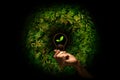 Hand holding a bulb with fresh green leaves inside on nature background.Ecological and energy concept Royalty Free Stock Photo