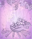 Hand holding bunch of grape, vector graphic illustration with rural landscape and vineyard Royalty Free Stock Photo