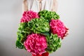 Hand holding a bunch green and pink color hydrangea white background. bright colors. cloud. 50 shades Royalty Free Stock Photo