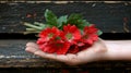 A hand holding a bunch of red flowers in front of some wood, AI Royalty Free Stock Photo