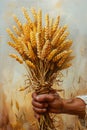 Hand holding a bundle of harvested wheat Royalty Free Stock Photo