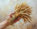Hand holding a bundle of harvested wheat