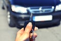 Hand holding button on the remote car. In selective focus of woman hand presses on the remote control car alarm systems. Royalty Free Stock Photo