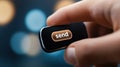 A hand holding a button that says send on it, AI Royalty Free Stock Photo